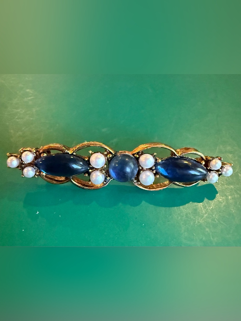 Vintage Gold Bar Brooch Blue Glass & Faux Pearl Victorian Revival